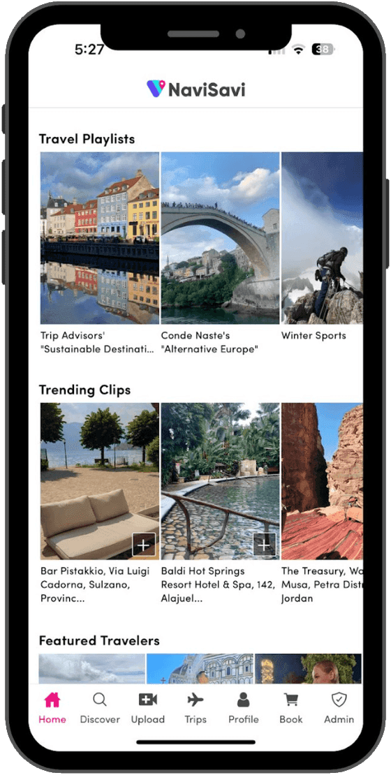 The NaviSavi iOS app home screen: travel playlists, trending clips and featured travellers.