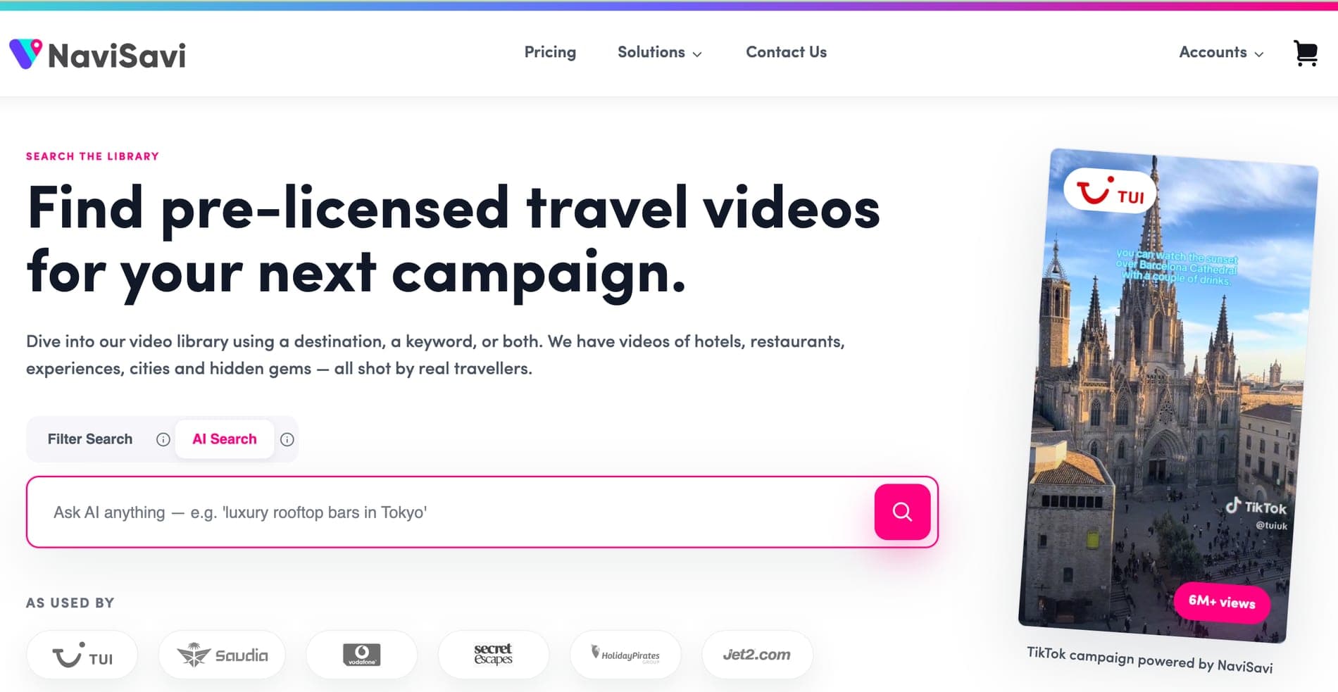 The NaviSavi licensing library's search page in AI Search mode, above the travel brands using it.